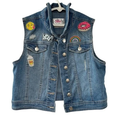Justice Girls Denim Vest Patches Size 16/18 Jean Jacket Sleeveless Emoji - Image 1 of 4