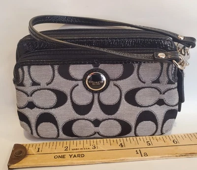 COACH Wristlet Bag Wallet Gray/Black Double-Zip Monogram   - Image 1 of 4