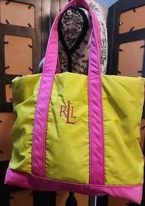 Lauren Ralph Lauren y2k Neon Green Orange Tote Shoulder Bag Purse Handbag Beach - Picture 1 of 11