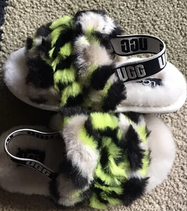 UGG GIRLS TODDLER FLUFF YEAH SLIDES SHOES BLACK MULTI SIZE 11 NEW - Picture 1 of 8