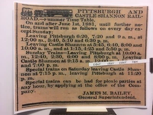 1881 Pa. Pittsburgh & Castle Shannon Railroad Raro Horario de Verano Impresión - Imagen 1 de 2