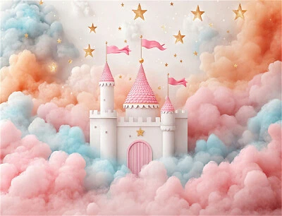 10x8ft Gold Stars Fantasy Cloud Pink Magic Castle Photo Background Studio Props - Image 1 of 4