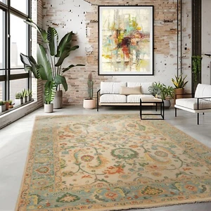 Arts & Crafts Multi Size Beige Aqua Hand Knotted Turkish Oushak Wool Area Rug - Picture 1 of 20