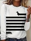 Womens Fashion Dachshund Black & White Stripe Wiener Dog Print Long Sleeve Top