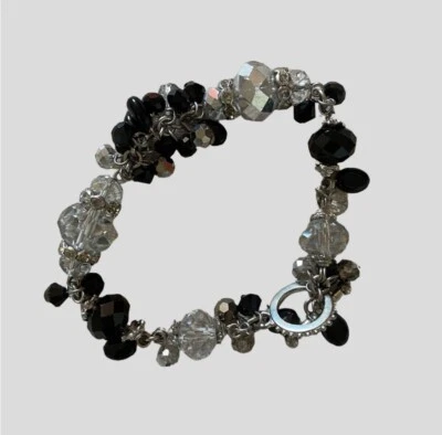 Black And Silver Grey Beaded Charm Bracelet Rhinestones Crystals Dangling Beads - Image 1 of 4