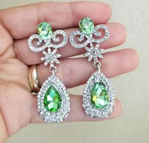 Green Crystal Paved Silver Chandelier Earrings JO - Picture 1 of 4