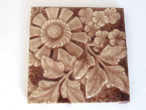 Antique Majolica Embossed TileTrent England Floral Leaf Sunflower  6" X 6" Cover