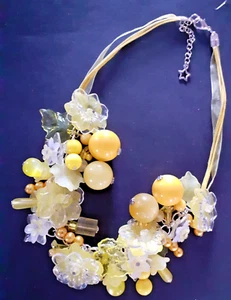 FLORAL NECKLACE STATEMENT LUCITE/GLASS BEADS ADJUSTABLE YELLOW MIX HAND THREADED - Picture 1 of 1