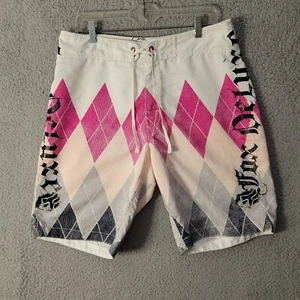 Fox Deluxe Racing Board Shorts Men's 33 Black Pink White Pockets Surf Beach Swim - Picture 1 of 15