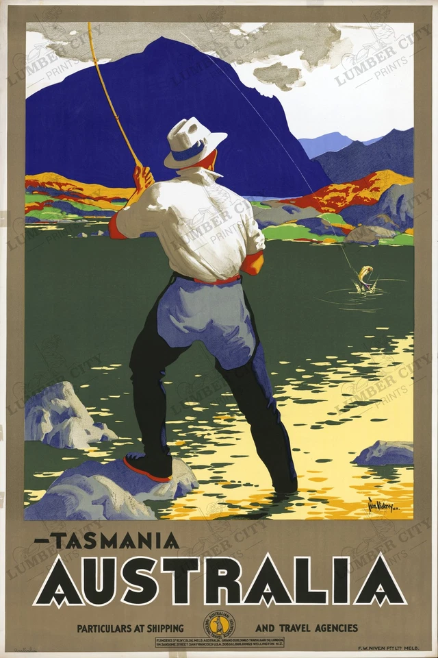 Pôster de viagem vintage Tasmânia Austrália pesca 1933 impressão arte parede retrô - Imagem 1 de 4