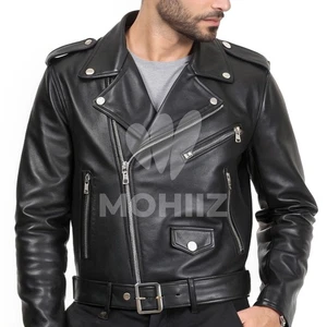 Herren Schwarz Leder Biker Jacke Asymmetrischer Reißverschluss Motorrad Slim Fit Mantel - Bild 1 von 3