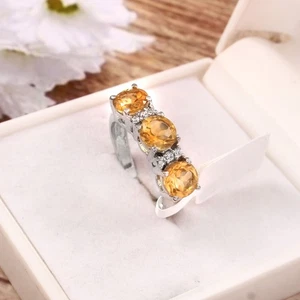 Sterling Silver 3-Stone Citrine Dainty Band Ring Round Gemstone & Accent Jewelry - Picture 1 of 13