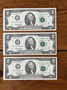 1995 Set Of 3 Consecutive Serial Numbers $2 Bills - Picture 1 of 4