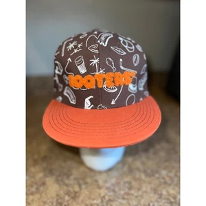 NWOT Hooters Hat Brown Orange Flat Bill Snapback Cap Doodle Print Adult Mens - Picture 1 of 6