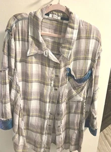 Camisa Free People Intimately Plaid Distressed Botón Frontal Grunge Amarillo Rosa - Imagen 1 de 8