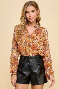 NWT TCEC WOMENS S TOP FLORAL Ruffled Mock Neck Spring Summer Fall Boho - Picture 1 of 17