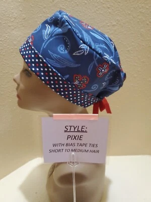 Flowers (red/white/blue) Pixie Skull Women's Surgical Scrub Hat/Cap Handmade - Image 1 of 4