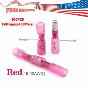 Red Heat Shrink Bullet Wire Connectors 22-16 AWG Female Male Crimp Terminal 100X - Picture 1 of 9