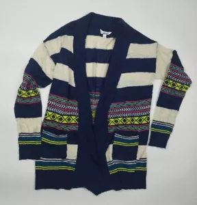 ABound L Blue Cream Striped Open Cardigan Sweater Front Pocket Lightweight Knit - Picture 1 of 5