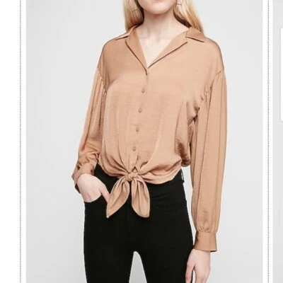 Express Satin Tie Front Cropped Blouse Collared Button front Long Balloon Sleeve - Image 1 of 4