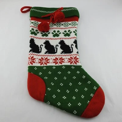 New Christmas Stocking Knitted Front Traditional Theme Cat Design Full Size 17" - Image 1 of 2