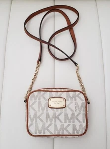Michael KORS Jet Set MK Logo Vanilla Brown Leather Small Crossbody Bag Purse - Picture 1 of 14