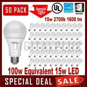 50 100W Replacement 15W LED Light Bulbs 1600L Soft White 2700K A19 Dimmable E26 - Picture 1 of 3