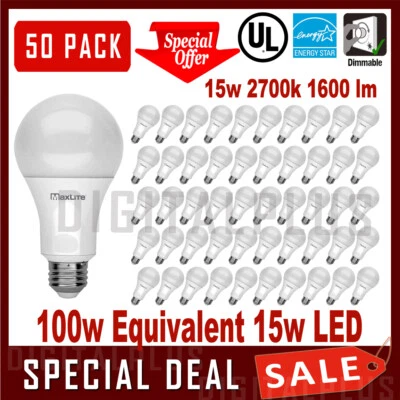 50 100W Replacement 15W LED Light Bulbs 1600L Soft White 2700K A19 Dimmable E26 - Image 1 of 3