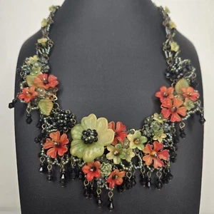 Colleen Toland Sunset Orange Green Statement Necklace Floral Foliage Hand Beaded - Picture 1 of 18