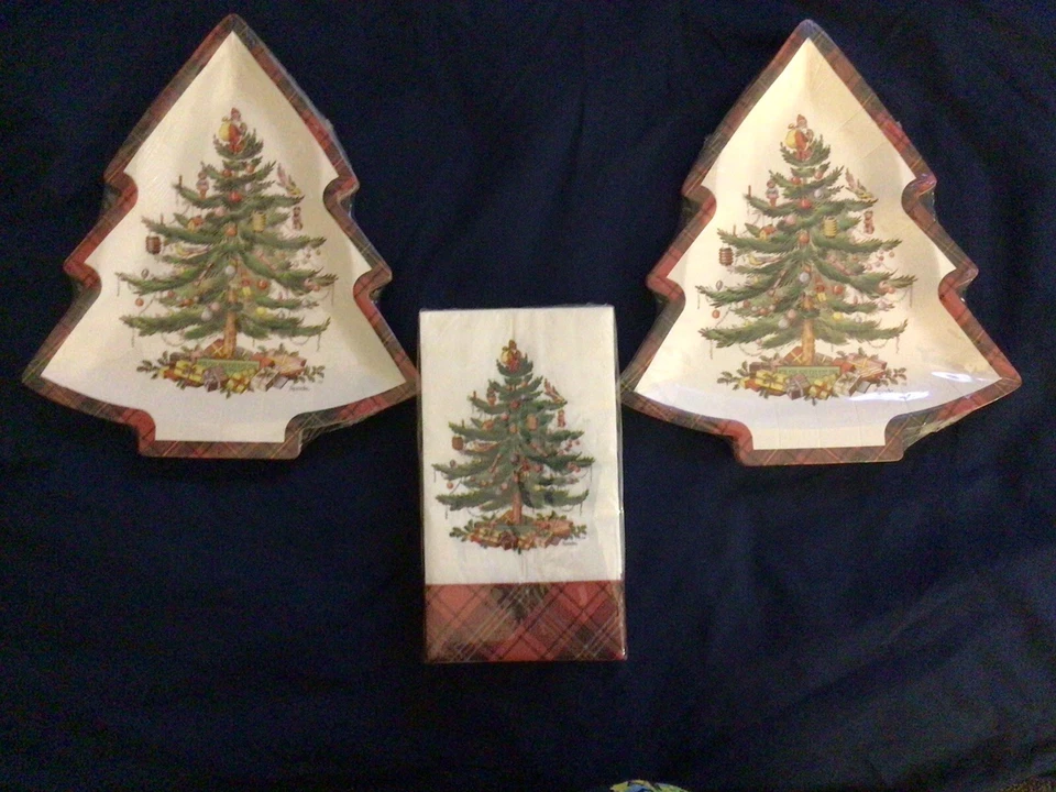 Spode Christmas Tree Plaid Coated Die Cut Plates / Napkins New 32 - Image 1 of 1