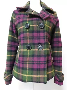 Aeropostale Wool Blend Green Purple Plaid Double Breasted Peacoat Medium - Picture 1 of 10