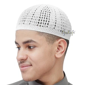 ON SALE! White Kufi Skull Cap Cotton Soft Muslim Prayer Beanie Crocheted Knitted - Picture 1 of 6
