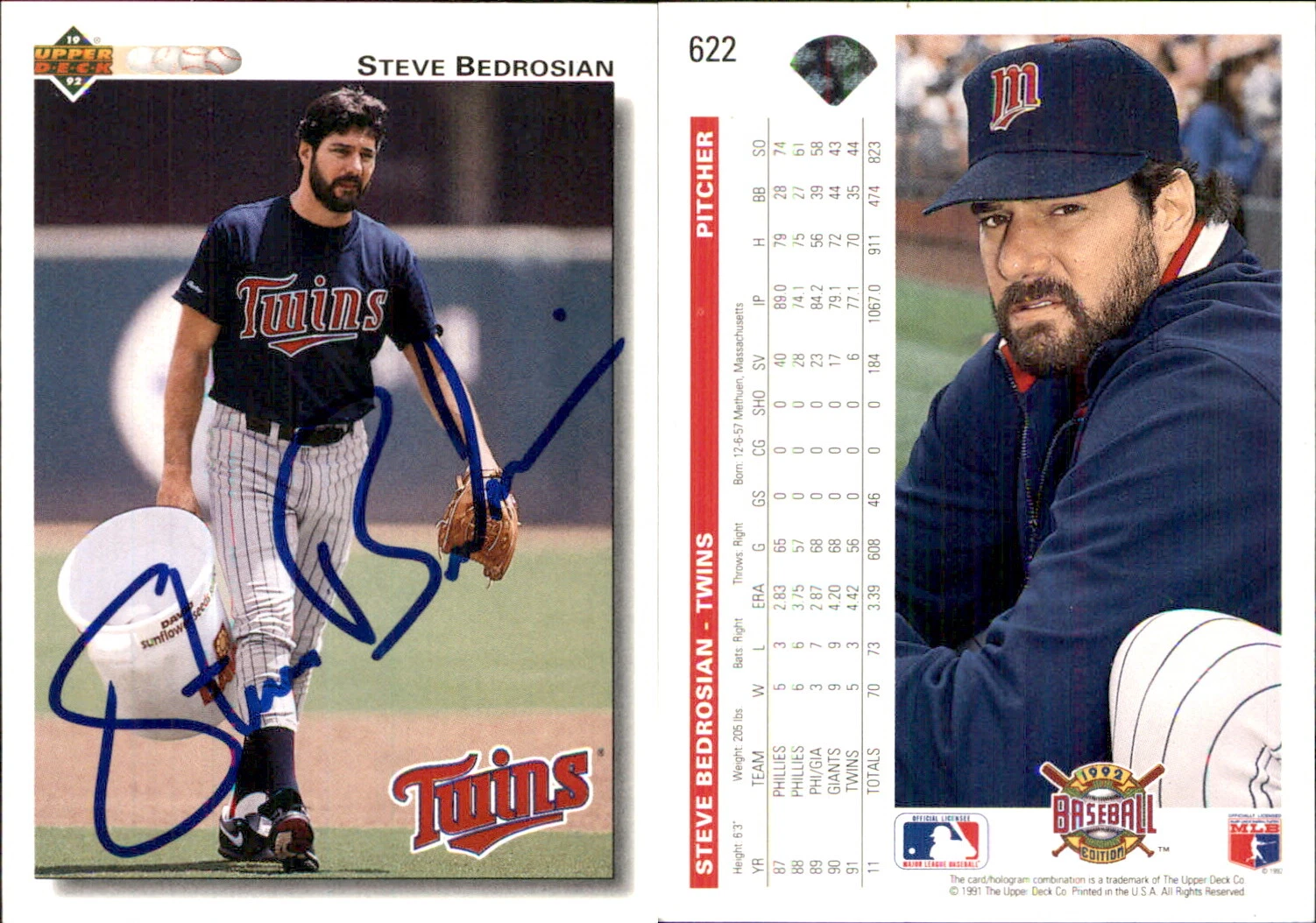 Steve Bedrosian Signed 1992 Upper Deck #622 Card Minnesota Twins Auto AU