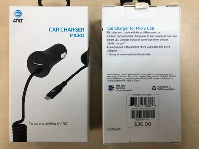 New At&t Fast 4.8Amp Certified Micro USB Car Charger w/ Extra USB Port - Black - Image 1 of 3