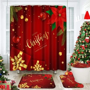 Christmas Bathroom Set with Shower Curtain and Rugs , Christmas Tree Red Pine... - Foto 1 di 8