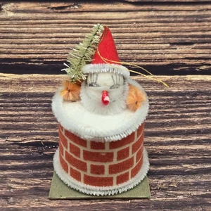 PUTZ Spun Cotton Santa in Chimney Ornament Chenille Flocked Vintage Christmas - Picture 1 of 5