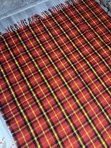 Wool Stadium Throw Blanket Red Yellow Black Plaid Fringe Edges  52 X52  - Picture 1 of 7
