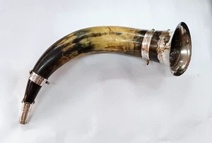 Antique Hunting Horn / Cow Horn / Bugle / with Silver Trims and Mouthpiece - Picture 1 of 16