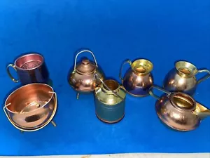 Dollhouse Kitchenware Copper and Brass Min Kettle 2" pitcher 2.75" Lot Of 7 - Picture 1 of 5
