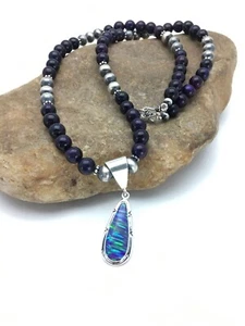 Collana Argento Sterling Ciondolo Opale Pietra Viola Perle Navajo 23" 2794 - Foto 1 di 12