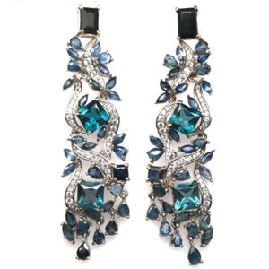925 Sterling Silver 6 x 6 mm. London Blue Topaz, Sapphire & Zircon Earrings - Picture 1 of 4