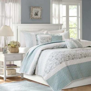 BEAUTIFUL COTTAGE SHABBY CHIC BLUE WHITE RUFFLE LACE BEACH COUNTRY QUILT SET - Picture 1 of 4