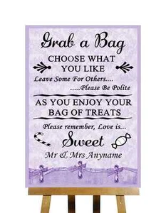 Lilac Shabby Chic Candy Buffet Sweet Cart Poem Personalised Wedding Sign - Picture 1 of 8
