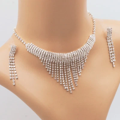 Set Gioielli Collier Orecchini Cristalli Strass Collana da Sposa D'Argento 53 - Immagine 1 di 4