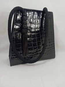 Sondra Roberts Vintage Black Croc Embossed Shoulder Bag Braided Strap Tassels - Picture 1 of 17