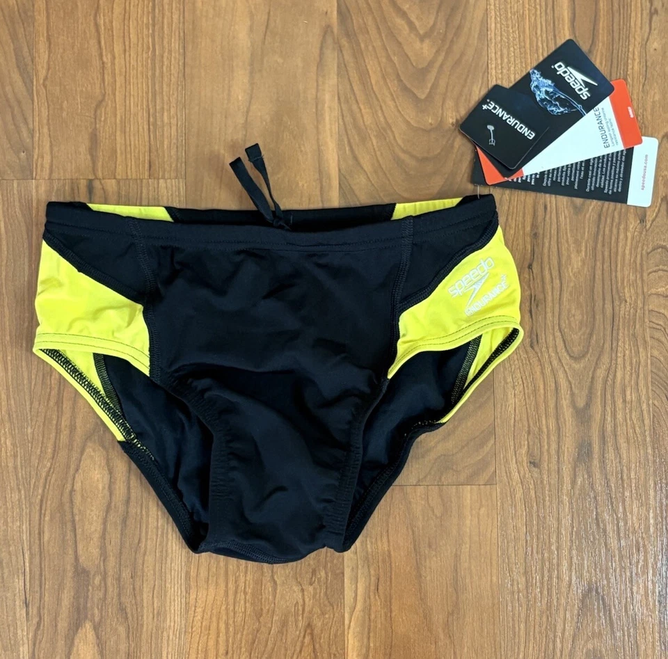 Speedo Men's Black & Yellow Slice Performance Fully Lined Swim Briefs Size 28