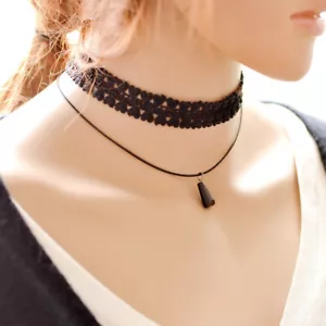 Black Suede Lace Love Hearts Patterned Choker Necklace Cone Shape Pendant Charm - Picture 1 of 4