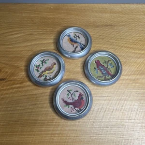 4 Vtg Bird Needlework Coasters Aluminum Frames Stackable Inset Bar Drink 4" - Picture 1 of 11
