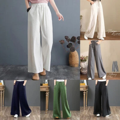 Women Wide Leg Pants Cotton Linen Loose Trousers High Waist Pockets Casual Pants - Image 1 of 4