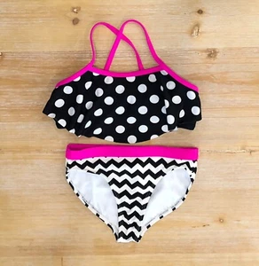 OP Girl's Bikini Black/White/Pink Polka Dots Chevron Print Sz 6-6X EUC - Picture 1 of 4